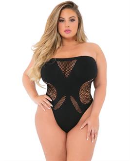 Pink Lipstick Fishnet Seamless Tube Bodysuit Black