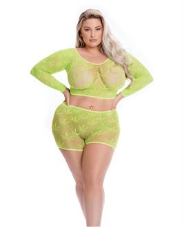 Pink Lipstick Leaf it to Me Long sleeve Crop Top and Short Green