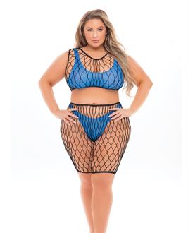 Pink Lipstick Brace for Impact Large Fishnet Top Neon Blue