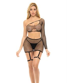 Pink Lipstick Right Thru Me Fishnet Top, Garter Skirt and G-String Black