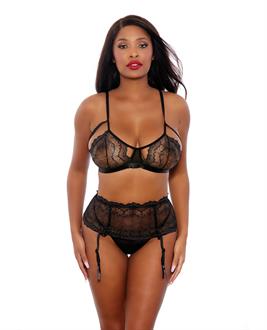 Two Tone Scalloped Lace Bra, High Waist Garter Belt and G-String Black/Silver