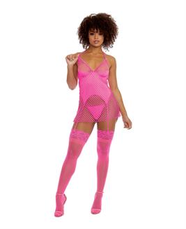 Simply Sexy Large Fishnet Double Layered Garter Slip and Open Crotch G-String Hot Pink