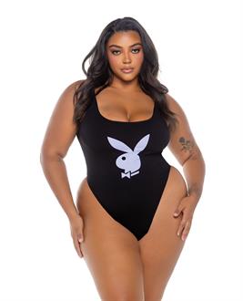 Playboy Scoop Neck Teddy w/Thong back and Bunny Logo - Black/Lavender
