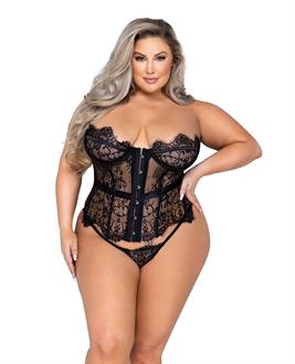Fantasy Scalloped Eyelash Lace Bustier and Thong Black