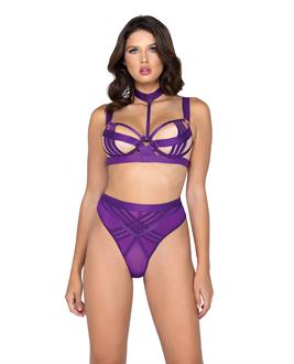 Bondage Stripe Demi Cup Underwire Bra and Panty Purple