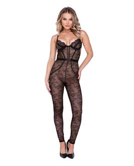Chantilly Stretch Lace Sleeveless Catsuit w/Satin Trim Black
