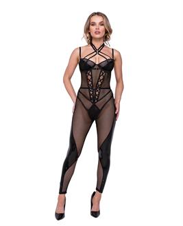 Flirty FETISH Fishnet and Faux Leather Catsuit w/Satin Trim Black