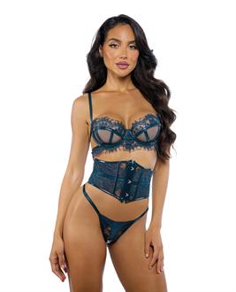 Eden Scalloped Eyelash Lace and Wet Look Waspie 3 pc Set - Teal
