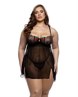 Cherry Delight Embroidered Lace and Mesh Babydoll w/Balconette Cup and Thong 2 pc Set - Black