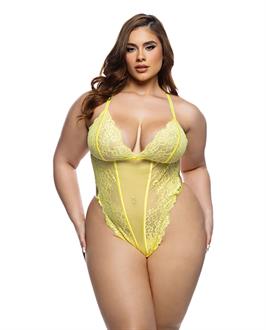 Kiss and Bloom Floral Eyelash Lace and Mesh Teddy - Yellow
