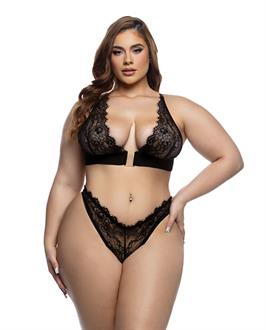 Fever Dream Chantilly Eyelash Lace and Stretch Satin Bralette w/Thong - Black