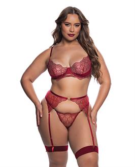 Beaded Belle Metallic Embroidered w/Bead Lace Top, Thong and Garter 3 pc Set - Red