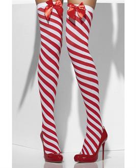 Smiffy Holiday Opaque Striped Thigh Highs w/Bows Red/White