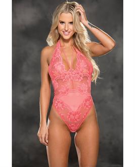 Floral Stretch Lace and Mesh Teddy Coral