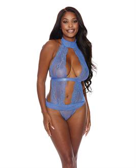 Lace and Mesh Halter Neck Teddy Periwinkle