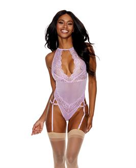 Lace and Mesh Gartered Teddy Lilac