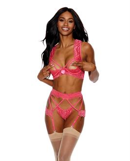 Lace Underwire Peek a Boo Bra, Garterbelt and G-String Coral