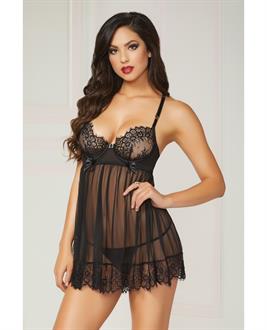 Eyelash Galloon Lace and Mesh Babydoll and Thong Black