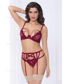 Netting Bra w/Lace Applique, Strappy Garterbelt and Thong Wine