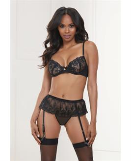 Valentine Embroidered Lace and Mesh Bra, Garter Skirt and G-String Black