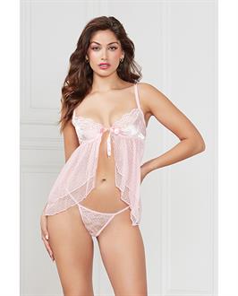 Satin Jacquard Dot Mesh Scallop Lace Babydoll and G-String Light Pink