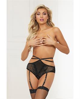 Stretch Lace High Waist Panty w/Double Straps and Garters Black