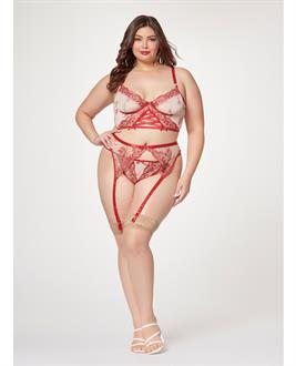 Sheer Stretch Mesh w/Floral Contrast Embroidery Bustier, Garter Belt and Thong Red/Nude