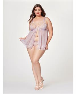 Sheer Mesh and Lace Demi Cup Babydoll and Thong Lavender