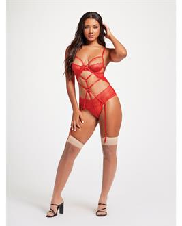 Sheer Mesh and Lace Demi Cup Teddy Red