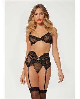 Valentines Heart Embroidered Mesh Bra, Waspie and Panty Black