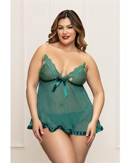 Lace and Mesh Babydoll w/Gold Straps and Thong - Green