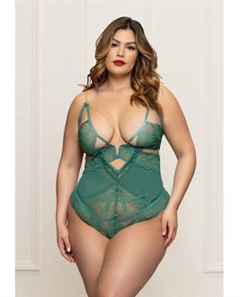 Lace and Mesh Open Crotch Teddy w/Gold Straps - Green