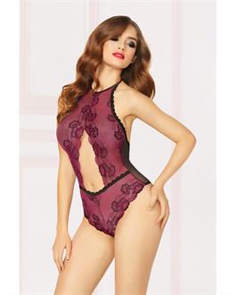 Cross Dye Teddy w/Mesh Back, Lace Trim, Thong Back and Snap Crotch Wine
