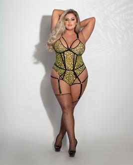 Print Mesh Teddy w/Garters Leopard Chartreuse
