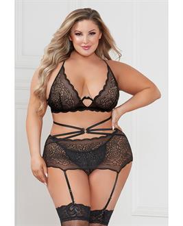 Galloon Lace Bra, Garter Skirt and G-String Black