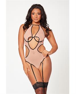 Mesh Cut Out Halter Teddy Nude/Black