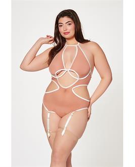 Mesh Cut Out Halter Teddy Nude/White