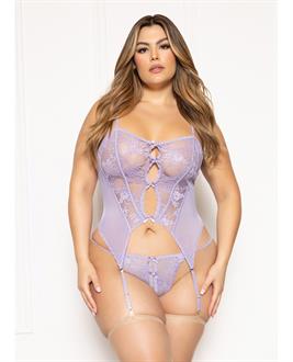 Floral Lace and Mesh Cami w/Attached Garters and Thong - Lavender