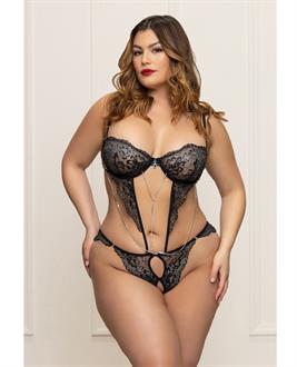 Metallic Lace Underwire Open Crotch Teddy w/Rhinestone Accents - Black