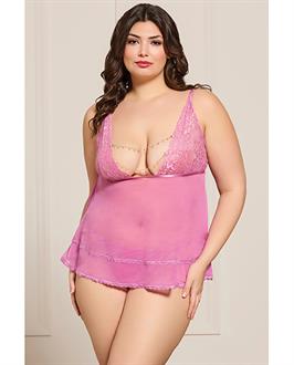 Lace and Mesh Babydoll w/Thong and Rhinestone Detail