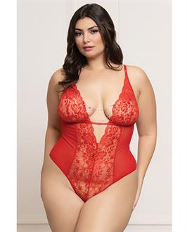 Lace and Mesh Open Crotch Teddy w/Rhinestone Detail