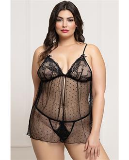 Lace and Dot Mesh Babydoll w/G-String