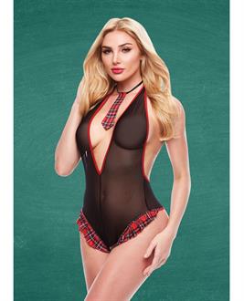 Teacher's Pet Schooirl See Thru Crotchless Teddy w/Tie Black/Red
