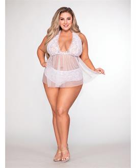 Retro Short Stretch Lace and Mesh Halter Babydoll and Panty White