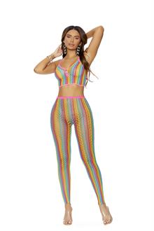 Crochet net cami top with buttons and matching leggings.