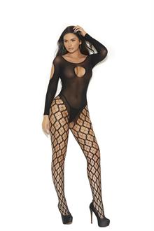 Opaque and cargo net bodystocking with keyhole front, cold shoulder long sleeves and an open crotch.