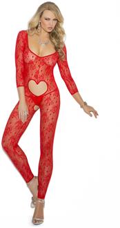 Long sleeve footless lace bodystocking with open heart insert and open crotch.