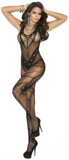 Seamless net crochet bodystocking with open crotch.