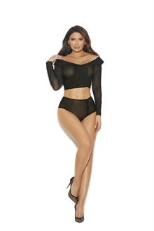 Off the shoulder long sleeve mesh top with collar