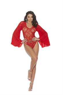 Deep V lace teddy with bell sleeves and keyhole back.